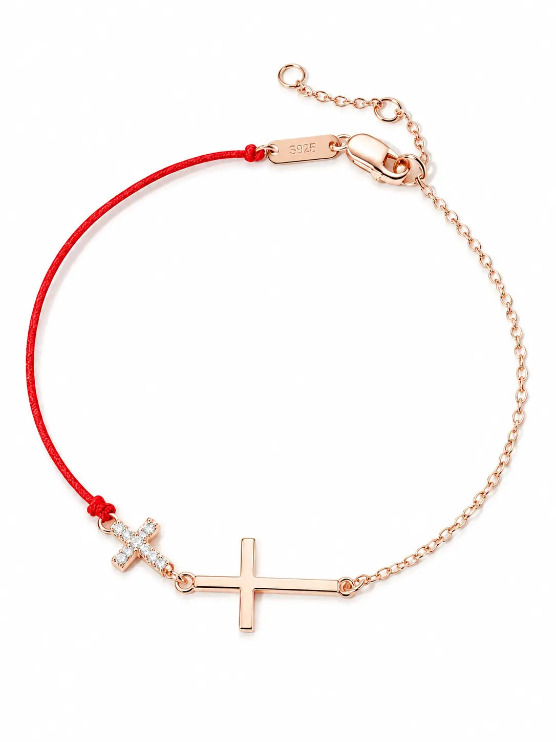YENEAST red cord cross bracelet with S925 sterling silver and cubic zirconia details on a white background