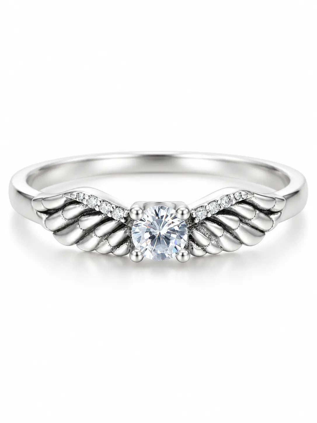 Yeneast silver-tone angel wing ring with a sparkling round center stone on a clean white background.