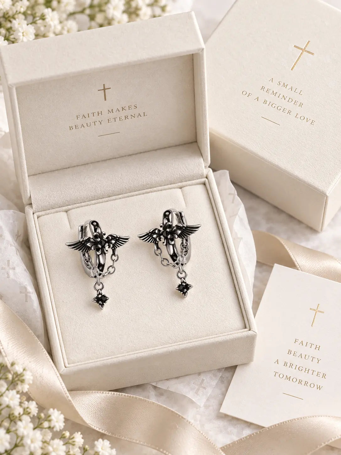 YENEAST silver angel wing earrings presented in an elegant Christian jewelry gift box for a meaningful faith inspired present.