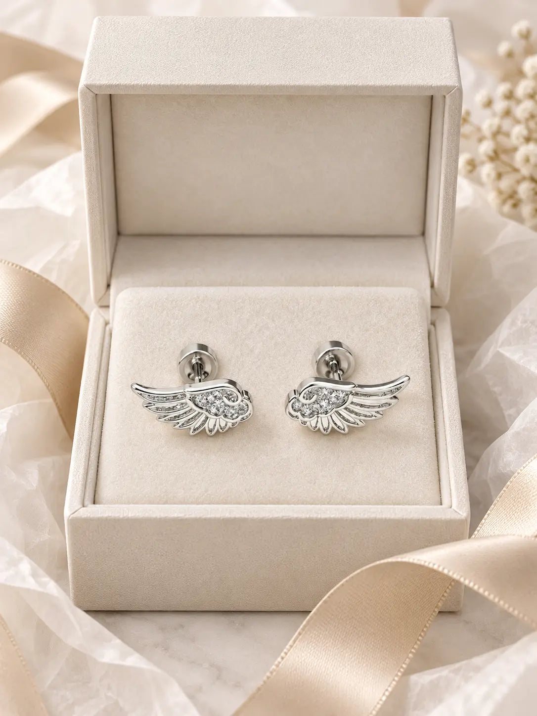 YENEAST silver angel wing stud earrings presented in an elegant jewelry gift box for a meaningful faith inspired gift.