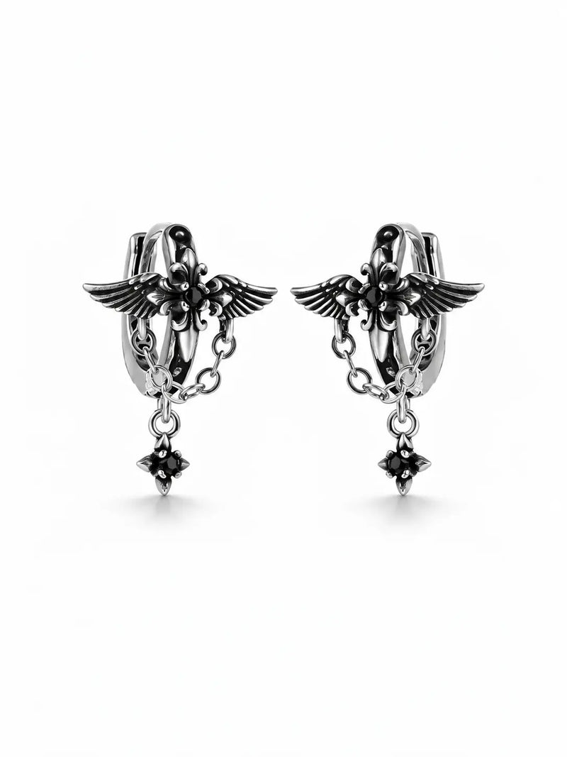 YENEAST silver angel wing hoop earrings with black gemstone charms and detailed wing design on a clean white background.