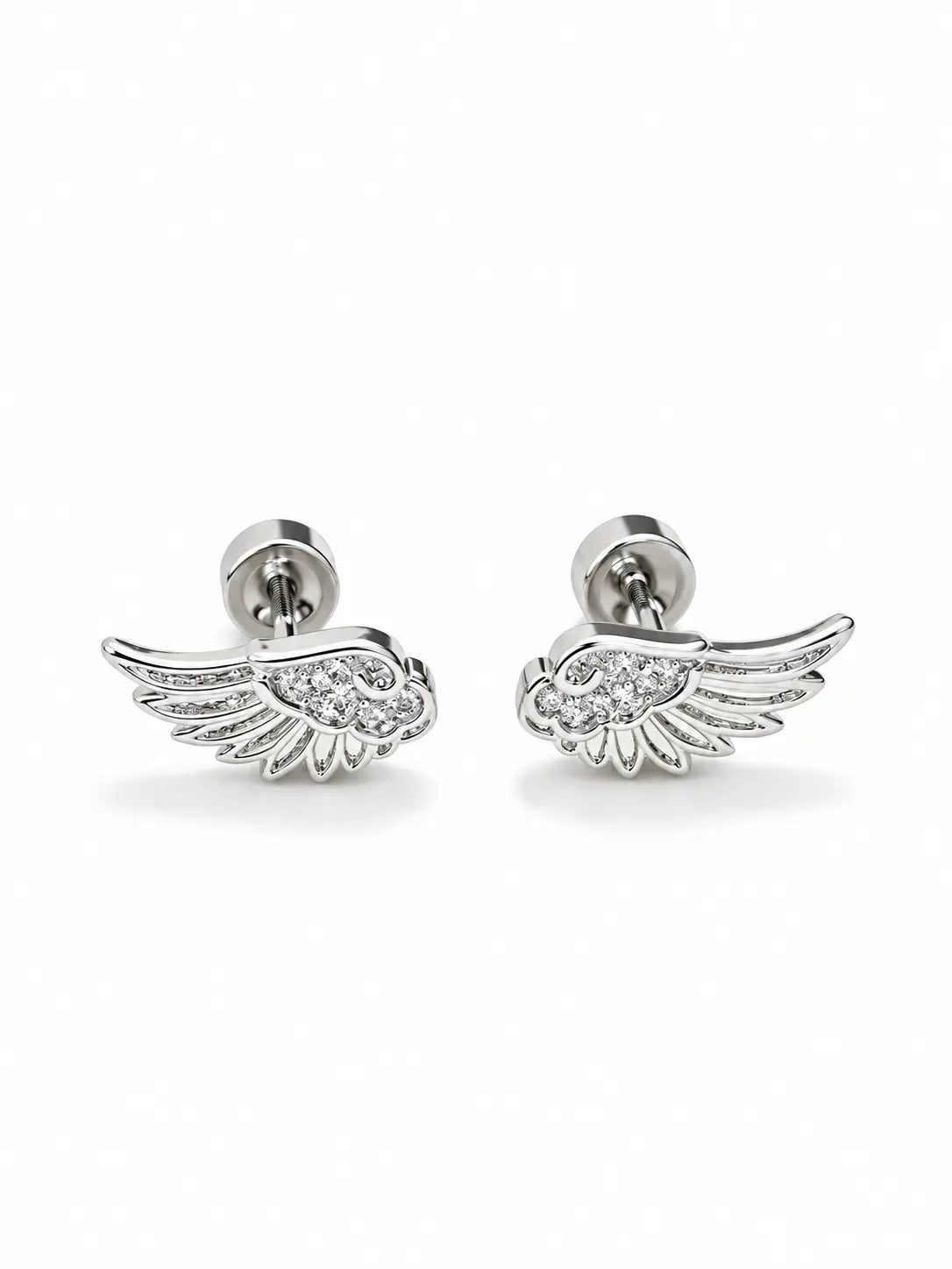 YENEAST silver angel wing stud earrings with crystal pavé details on a clean white background.