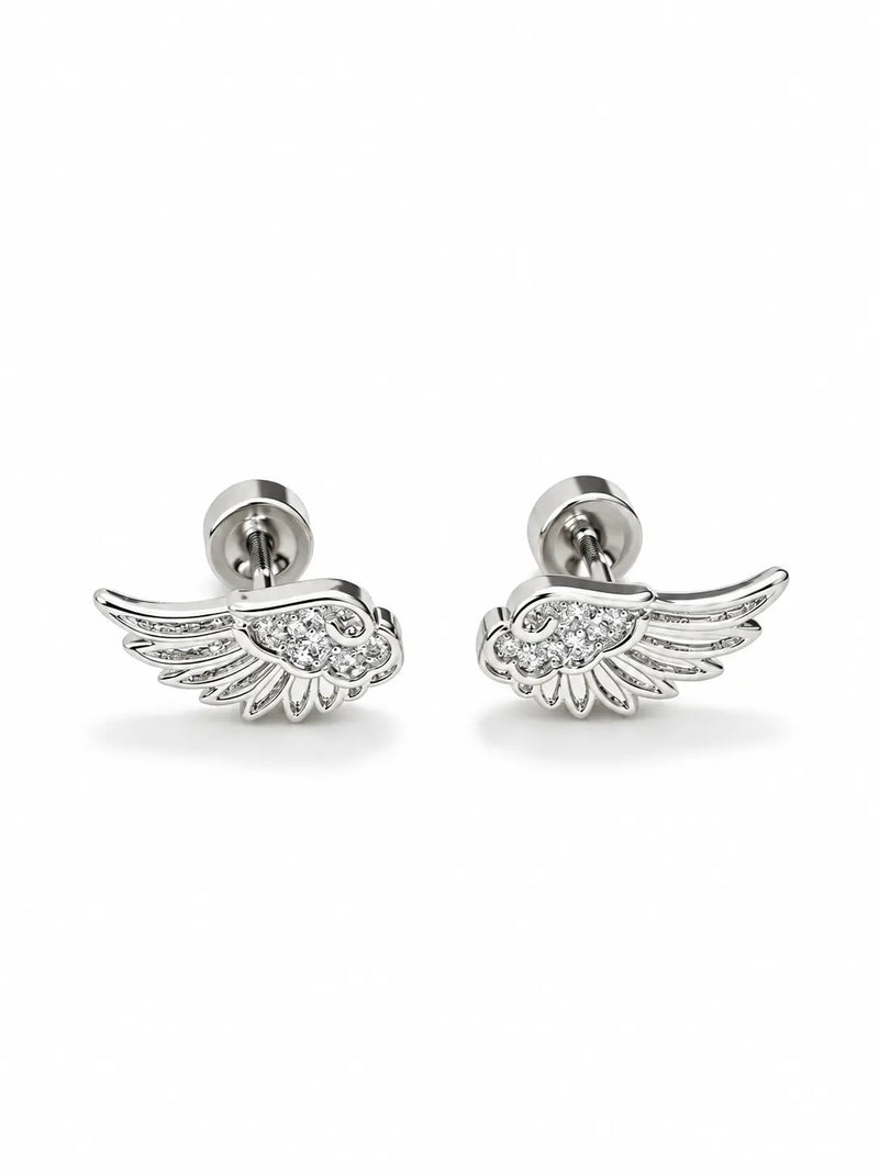 YENEAST silver angel wing stud earrings with crystal pavé details on a clean white background.