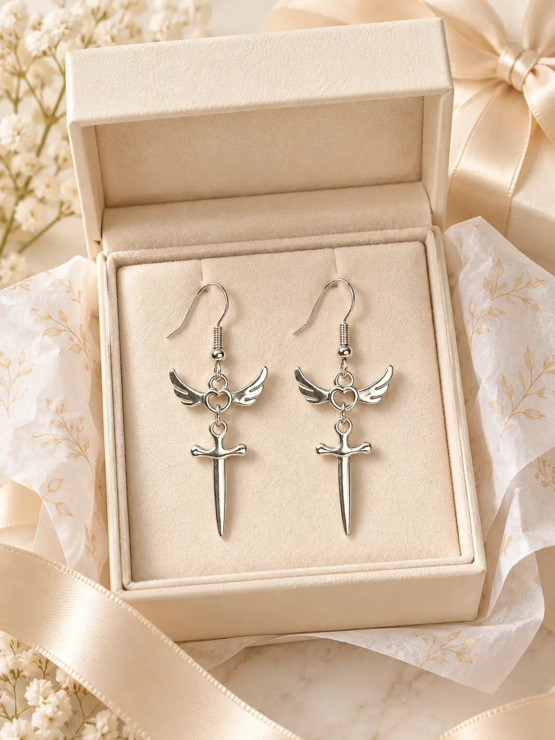 YENEAST silver angel wing sword earrings presented in an elegant jewelry gift box for a meaningful faith inspired present.