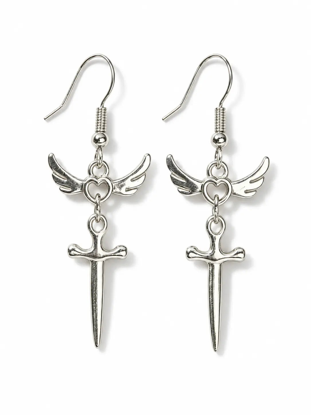 YENEAST silver winged heart sword earrings worn as unique faith inspired jewelry with a delicate long dangle style.