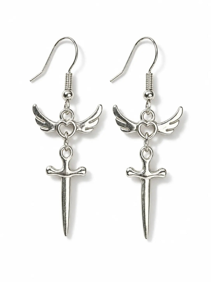 YENEAST silver winged heart sword earrings worn as unique faith inspired jewelry with a delicate long dangle style.