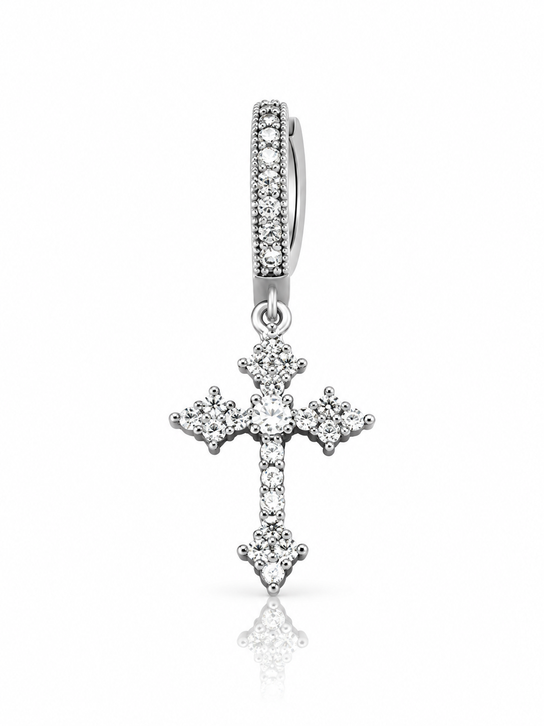 YENEAST silver Christian cross hoop earring with a crystal dangle on a clean white background.