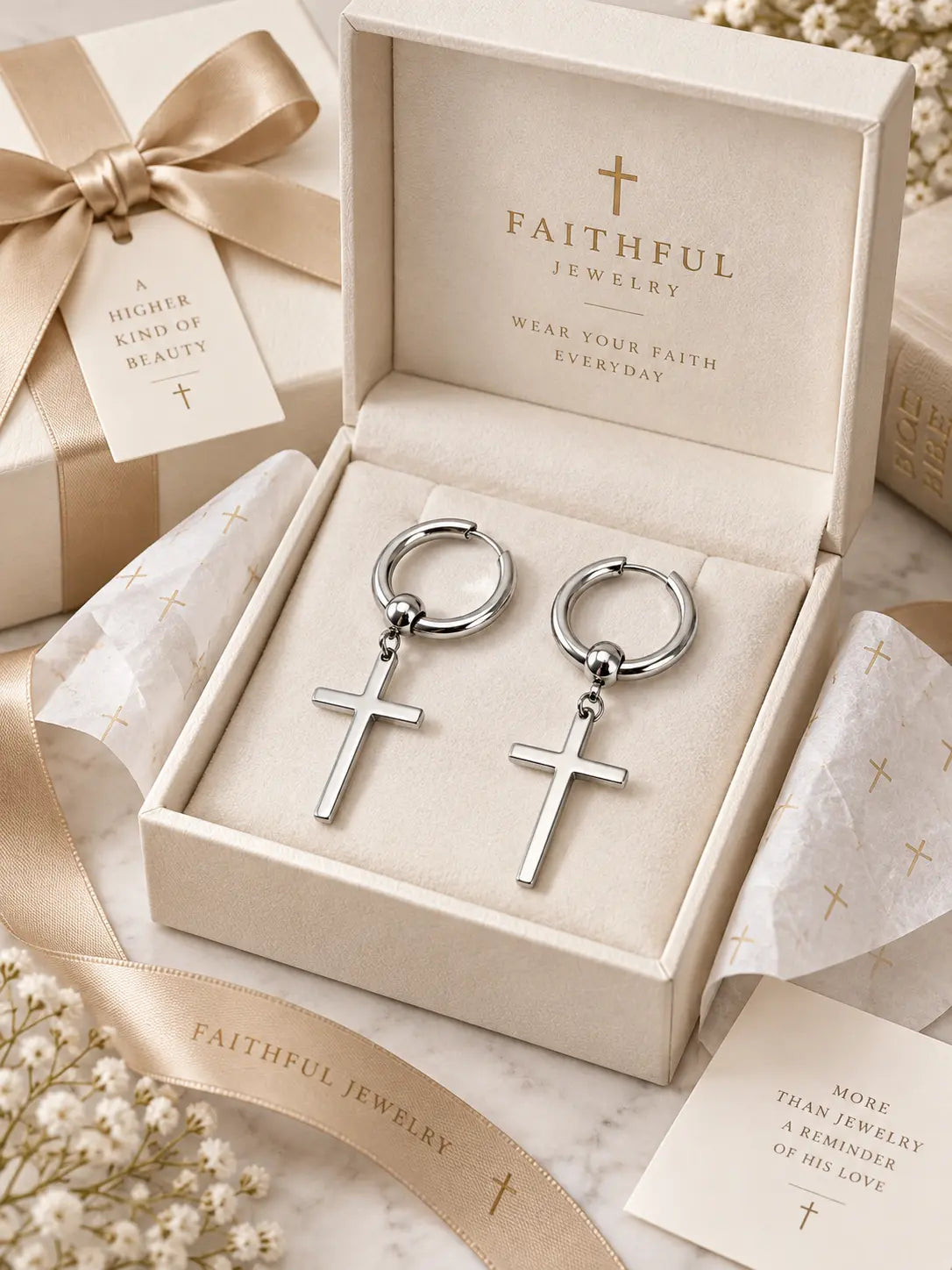 YENEAST silver cross hoop earrings presented in an elegant jewelry gift box for a meaningful Christian faith gift.