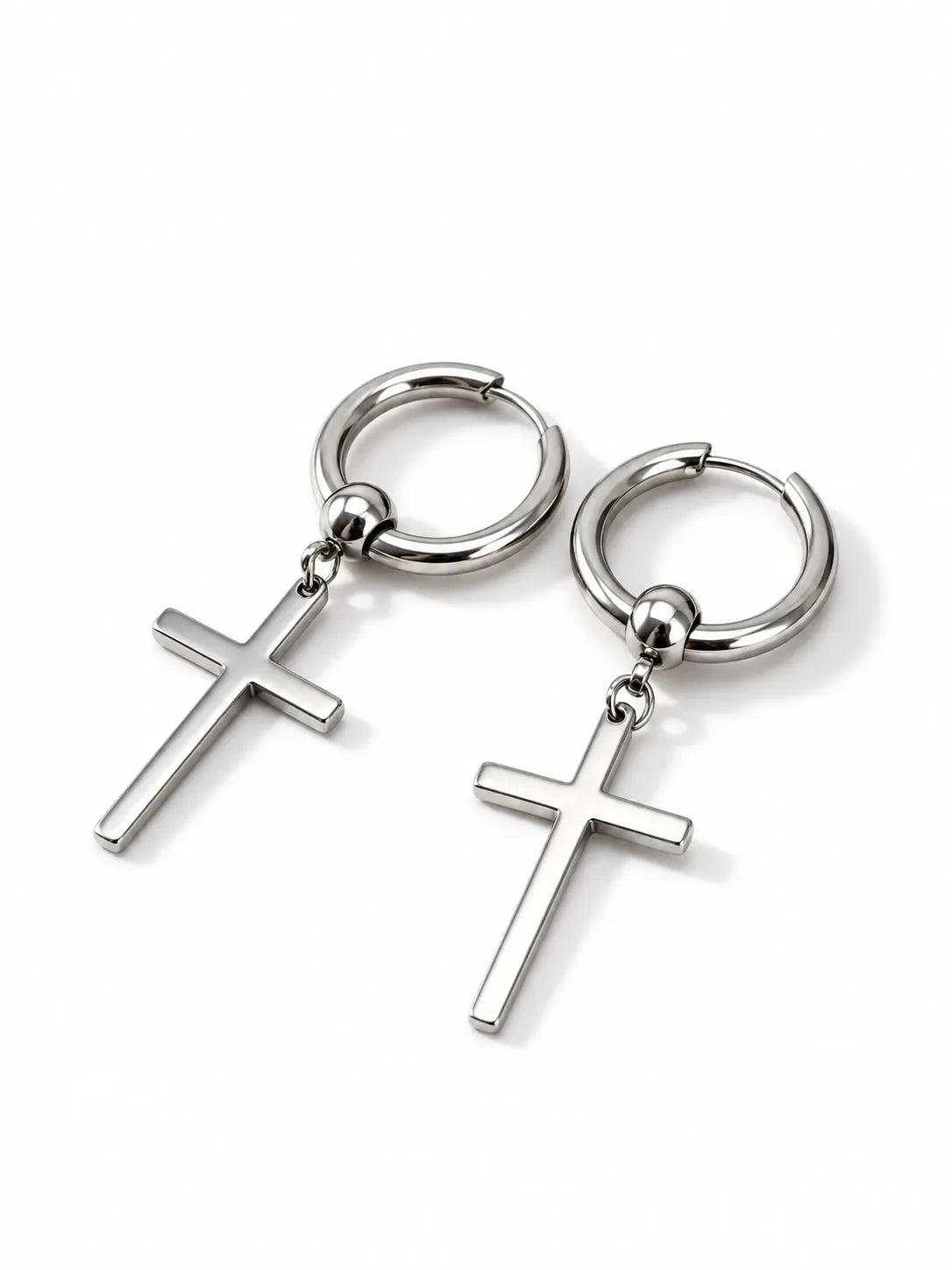 YENEAST silver cross hoop earrings with minimalist dangle cross pendants on a clean white background.