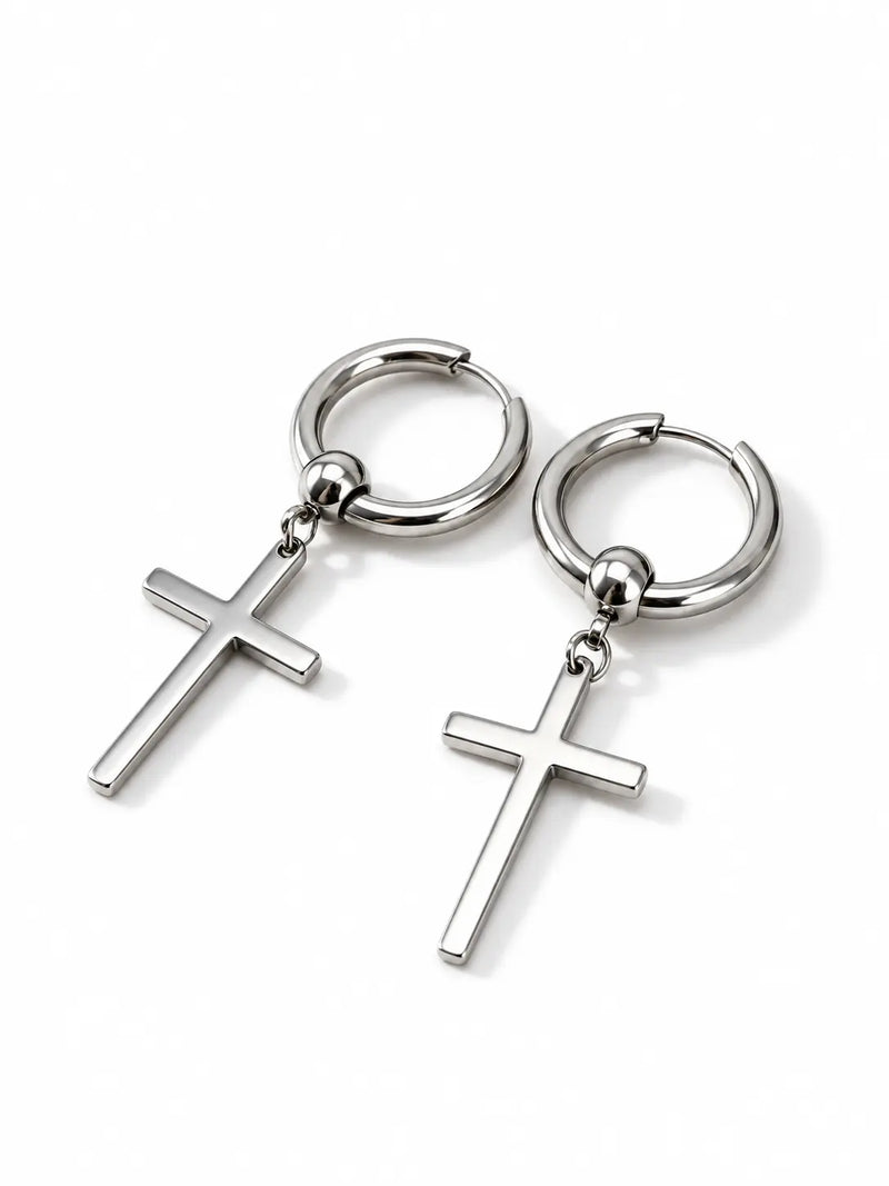 YENEAST silver cross hoop earrings with minimalist dangle cross pendants on a clean white background.