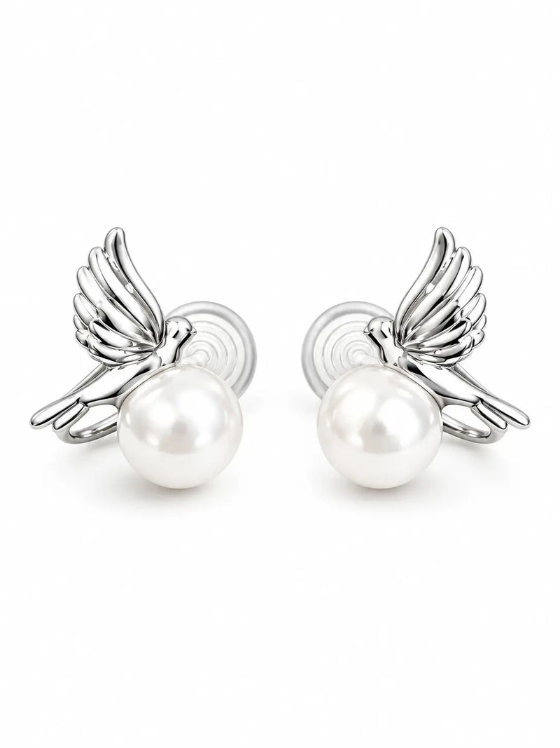 Yeneast silver dove pearl stud earrings on a clean white background.