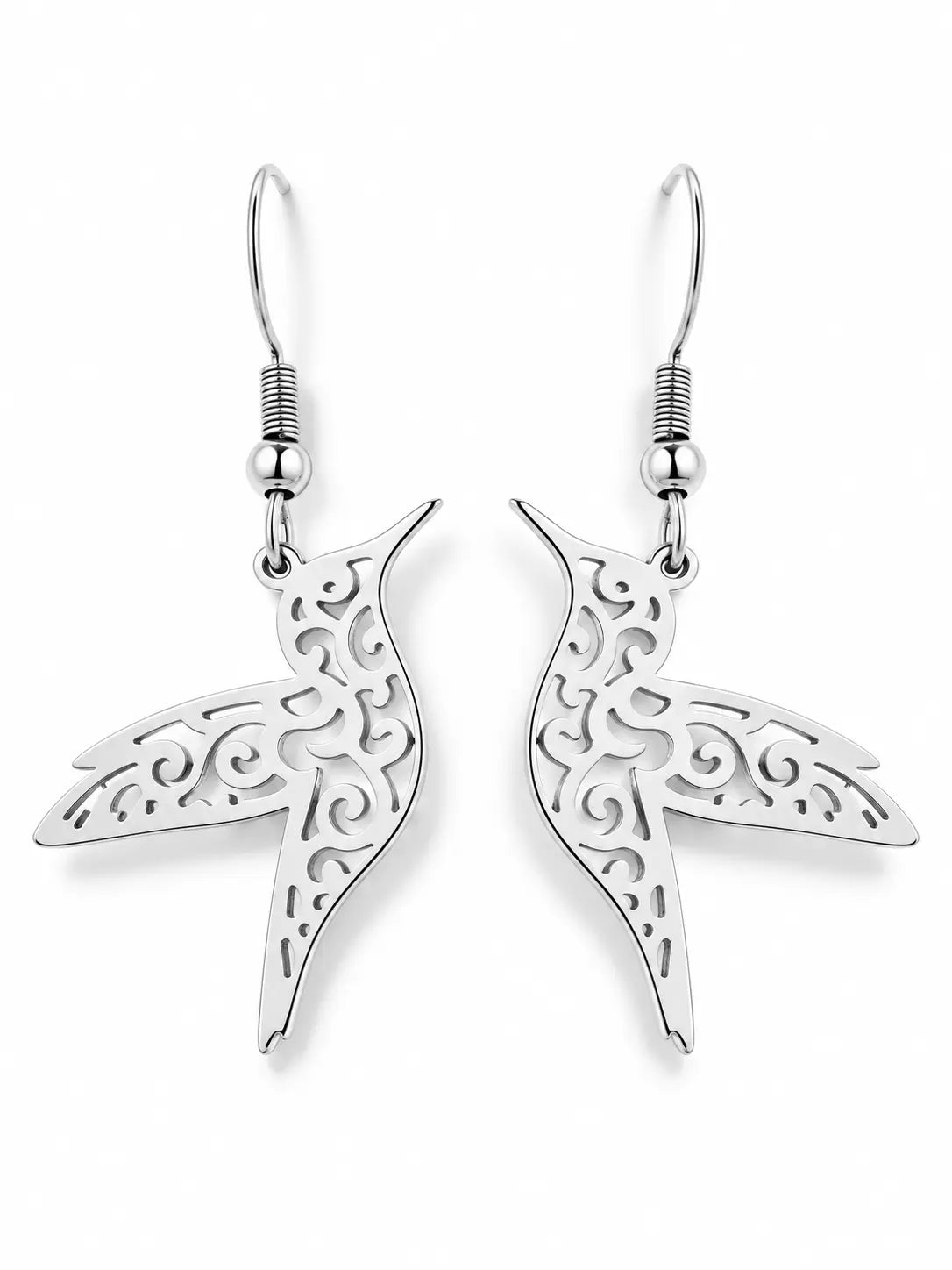 Yeneast silver-tone hummingbird dangle earrings with intricate filigree cutout details on a white background.