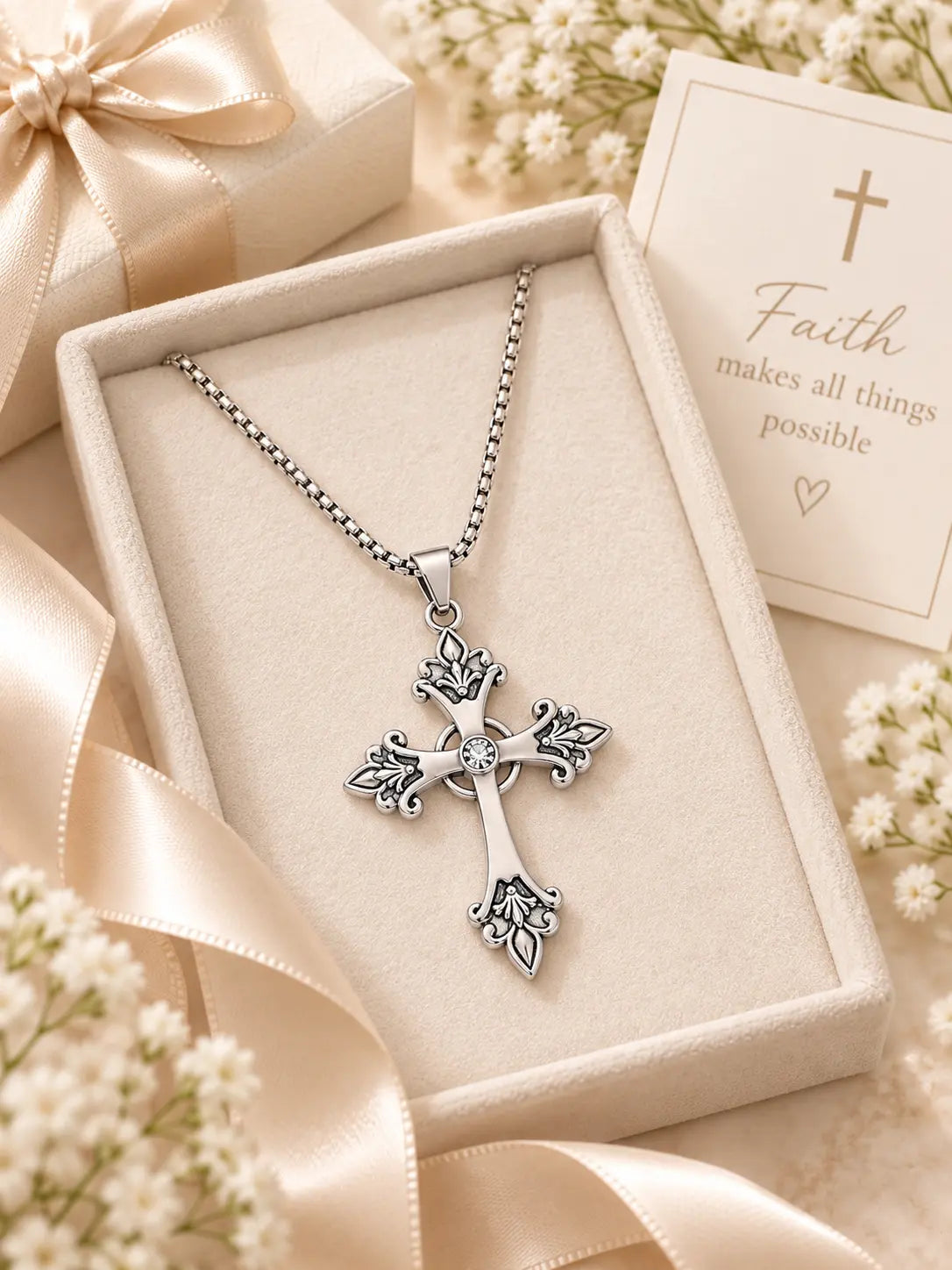 YENEAST vintage ornate cross necklace displayed with a Scripture-inspired faith card as a meaningful Christian jewelry gift