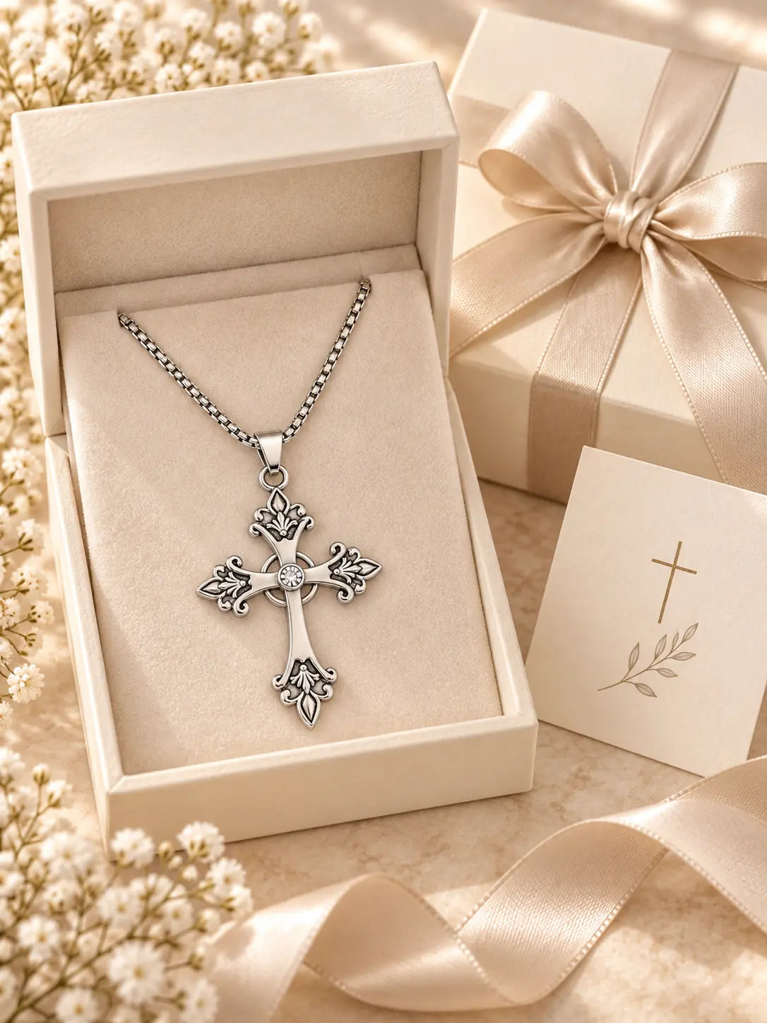 YENEAST vintage ornate crystal cross necklace presented in an elegant Christian jewelry gift box with ribbon and faith card