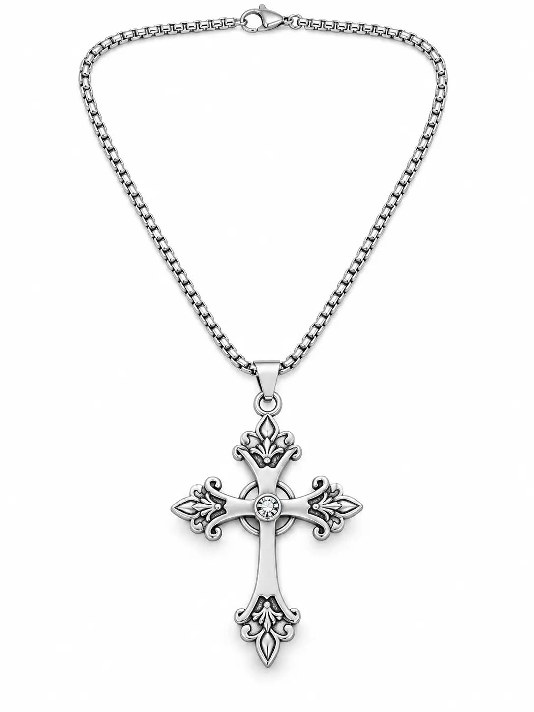 YENEAST vintage ornate crystal cross necklace in silver tone with decorative floral-tip details and a clear center stone on a white background