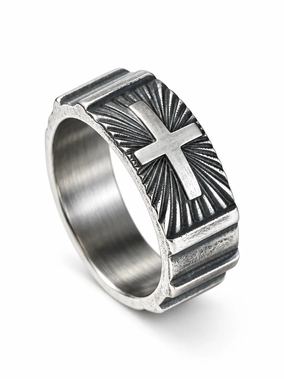 Yeneast vintage silver-tone Christian cross signet ring with an engraved sunburst design on a white background.