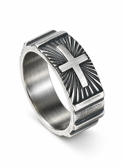 Yeneast vintage silver-tone Christian cross signet ring with an engraved sunburst design on a white background.