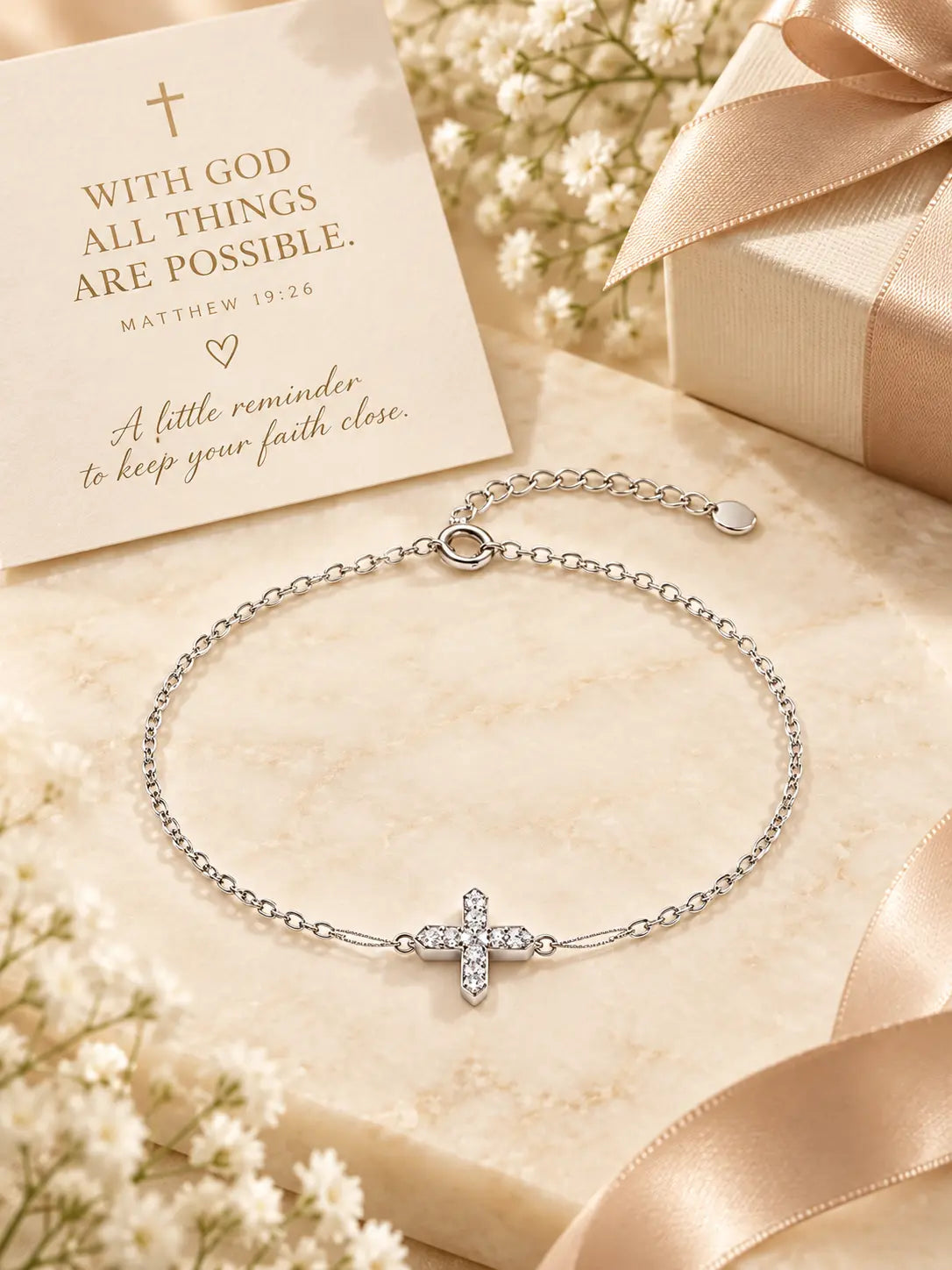 Zircon Cross Bracelet displayed as a Christian faith gift with flowers, satin ribbon, and an inspirational scripture card.