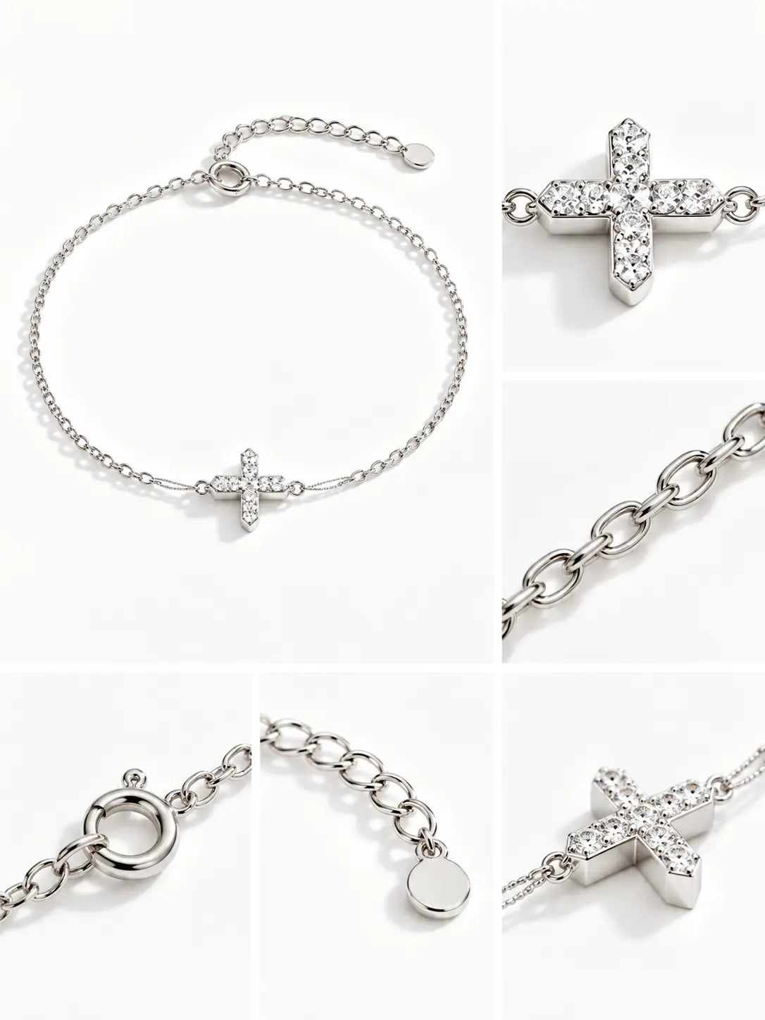 Close-up detail collage of the Zircon Cross Bracelet showing the crystal cross centerpiece, silver chain links, clasp, extender chain, and craftsmanship.