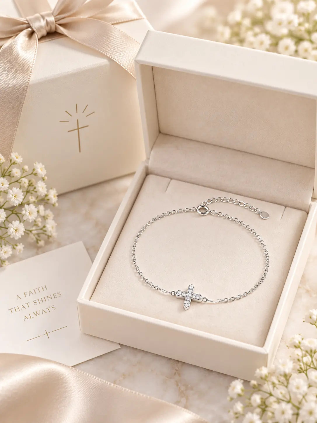 Zircon Cross Bracelet presented in an elegant jewelry gift box with premium Christian jewelry packaging.